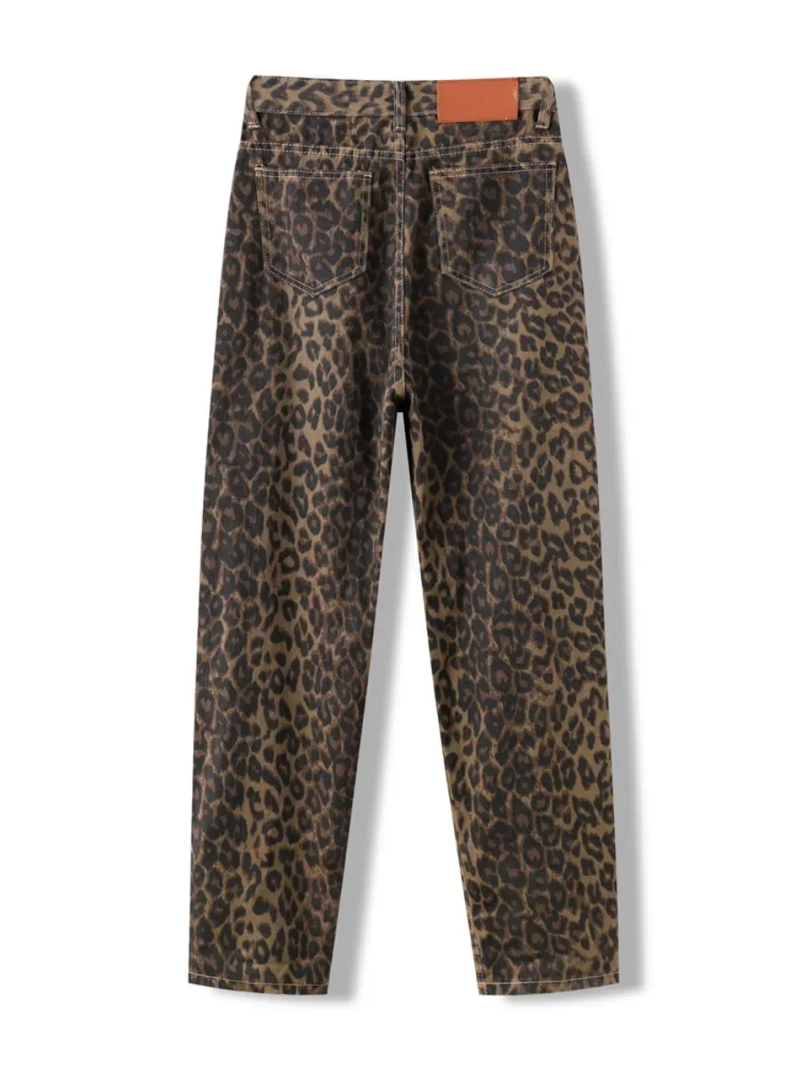 Luipaardprint jeans voor dames hoog getailleerde Y2k retro mode streetwear denim broek hiphop rechte wijde pijpen baggy jeans