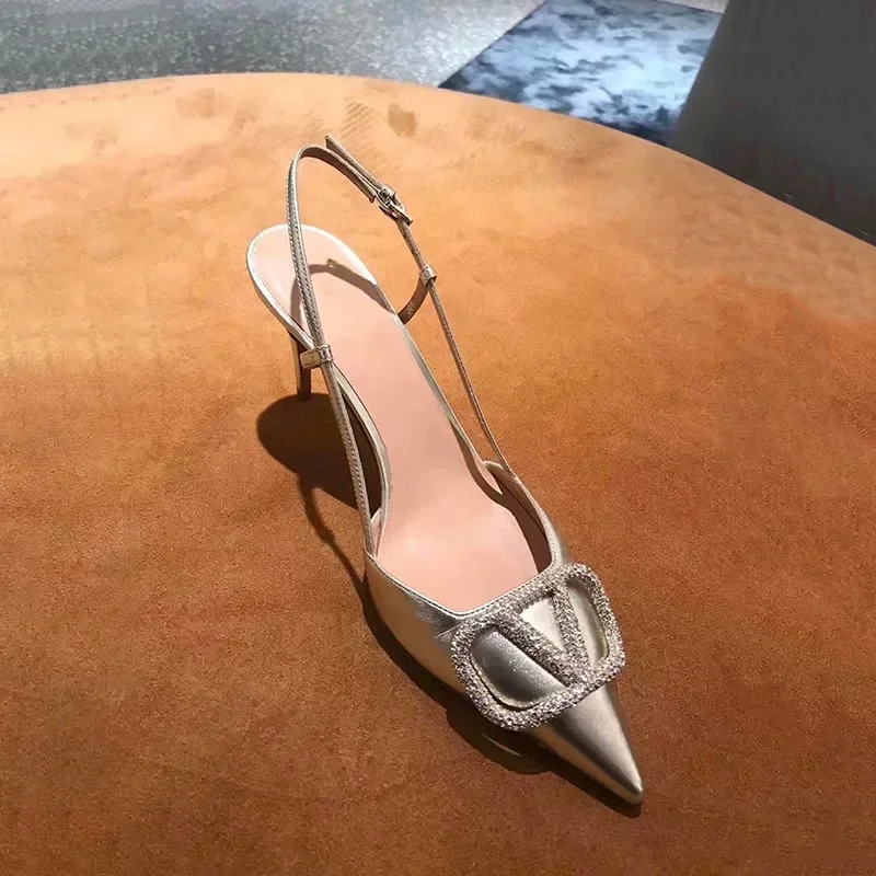 New Summer Women's High-heeled Pointed Sandals Genuine Leather Rivet Stilettos Ladies Coat Banquet Dress Sandals Elegant Women's