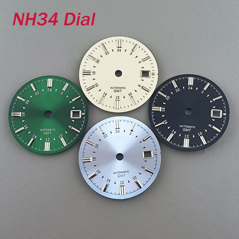 31mm-サンパターン-gs-ダイヤル-gmt-4-針ダイヤル-ブラックとホワイト-ブルーグリーン-nh34-ムーブメント時計アクセサリーに適しています