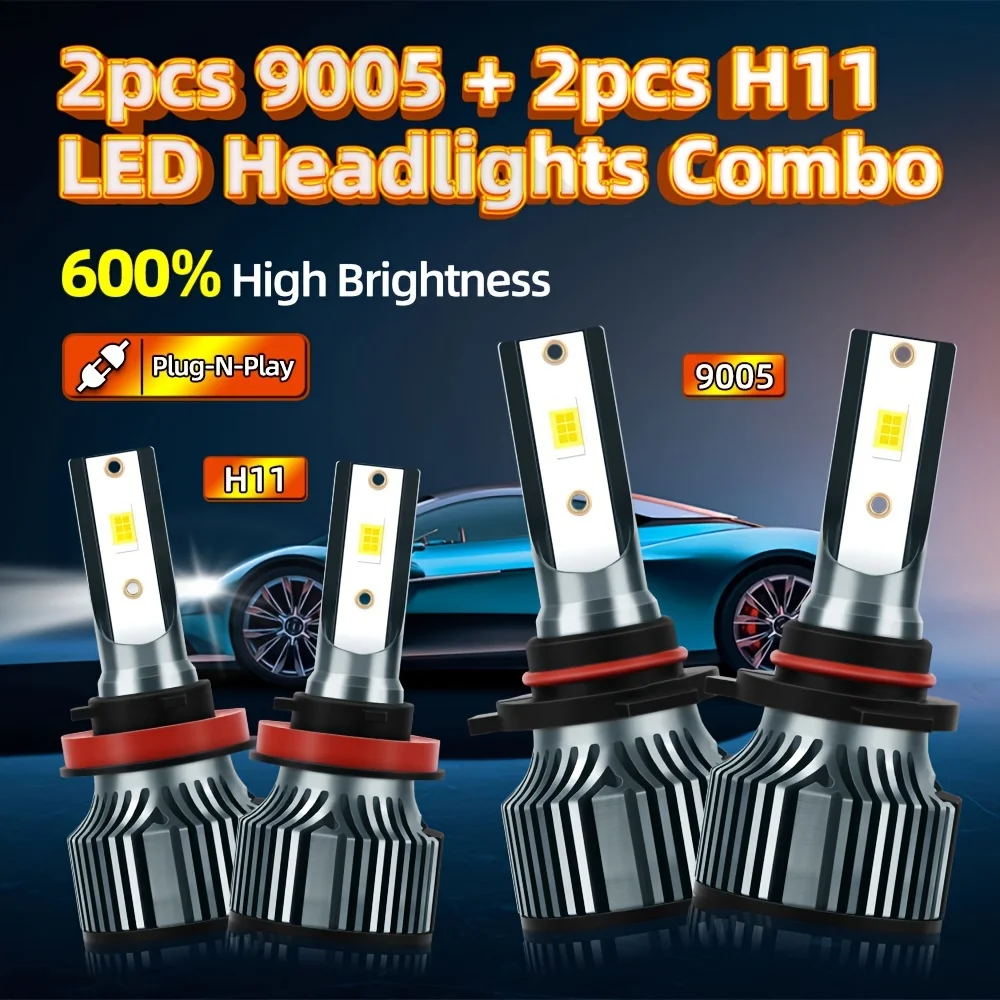 roadsun 4pcs High Lumen 9005 HB3 H9  H11 Car Lamp Combo, Led Headlight 6500K White 600% Brighter Easy To Install 3570 CSP Chip