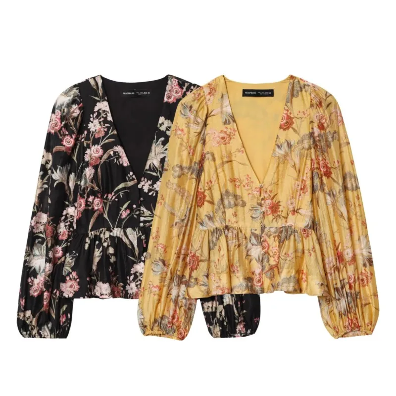 

Women Print Smock Blouse with Tie Casual V Neck Long Sleeve Asymmetric Hem Lady Top Simple Loose Female Shirts & Blouses
