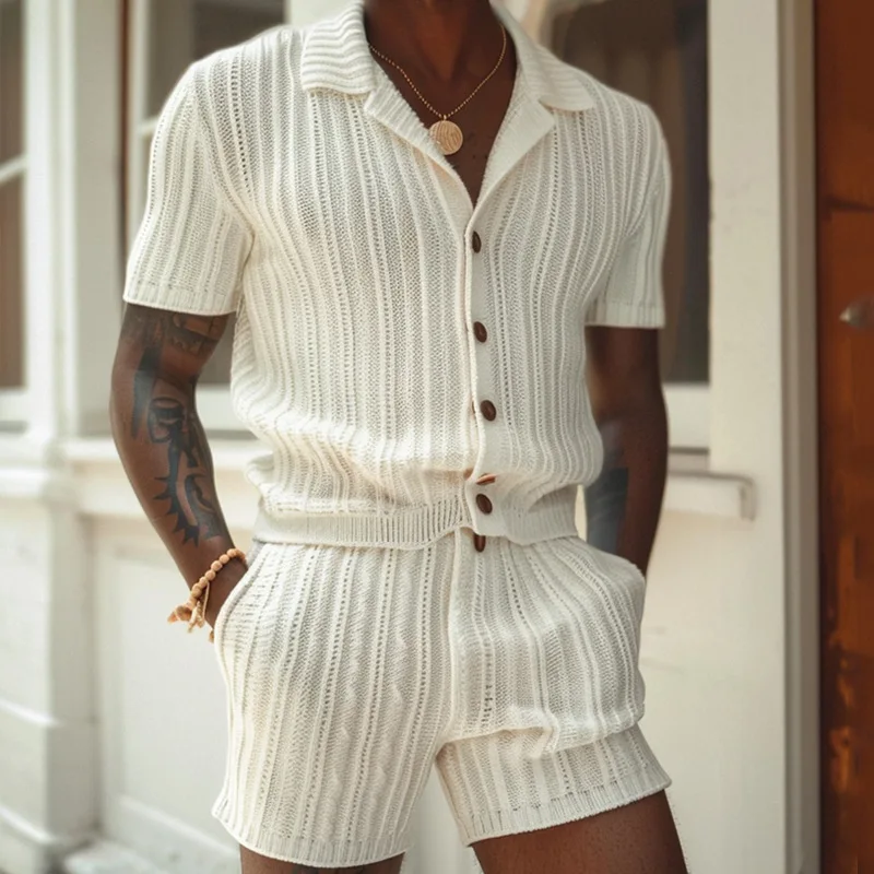 

2026 Summer Men Vertical Stripe Two Piece Set Collar Button Up Short Sleeve Shirt Shorts Slim Fit Casual Holiday Daily Outfit