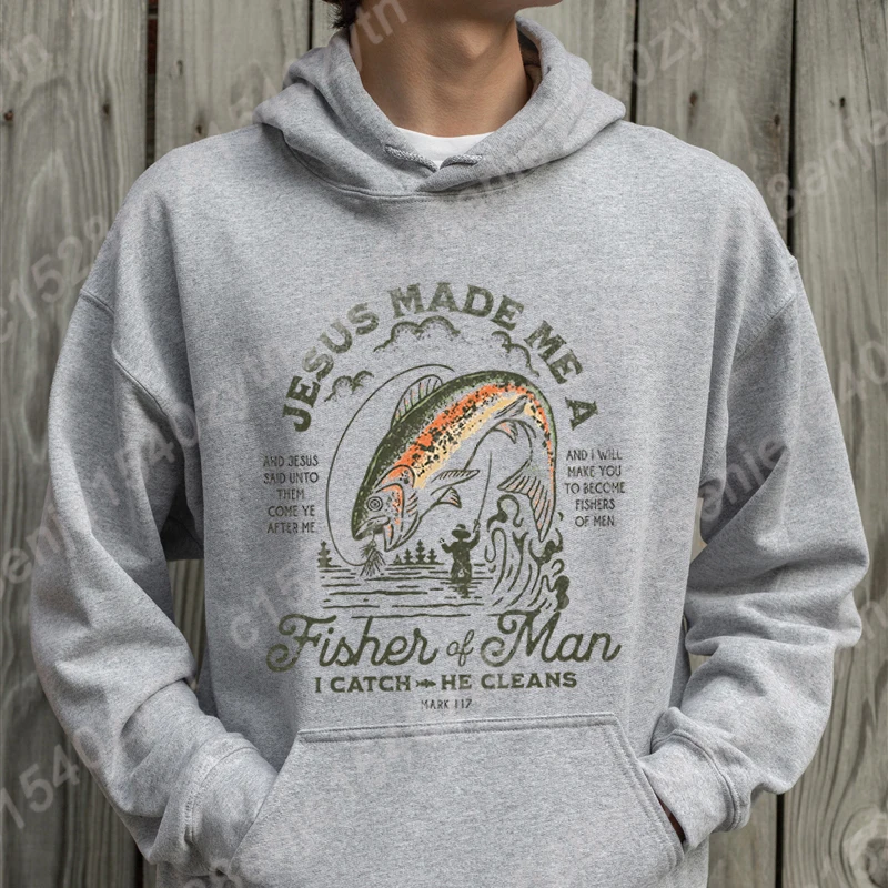 Mode Jesus Made Me A Fisher Of Man Print Hoodies met capuchon Grappige herfst Winter Creatieve gepersonaliseerde truien Heren Casual hoodie