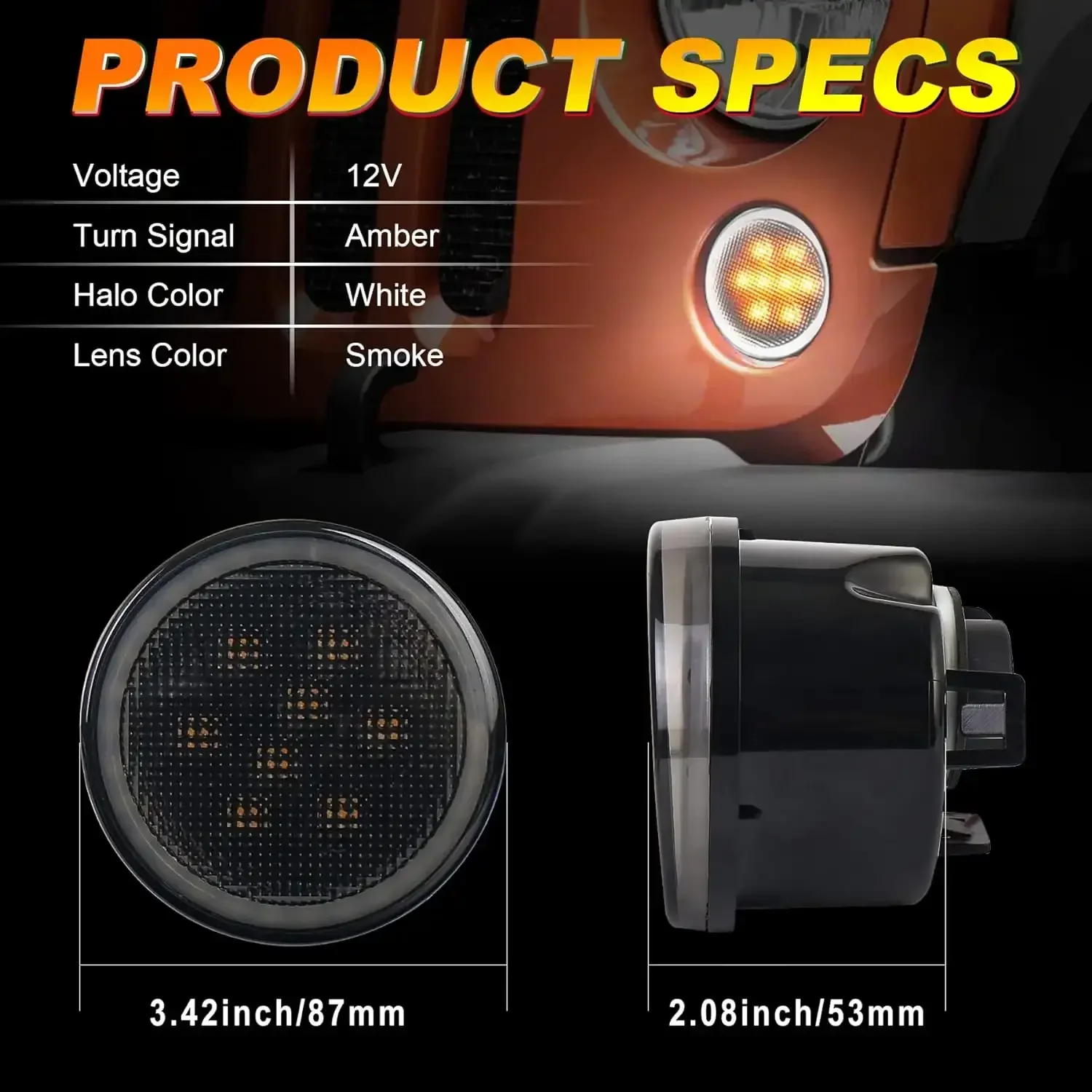 MOVOTOR JK Front Fender Turn Signal LED Lights with White Halo Smoked Lens Amber Lights for Jeep Wrangler JK
