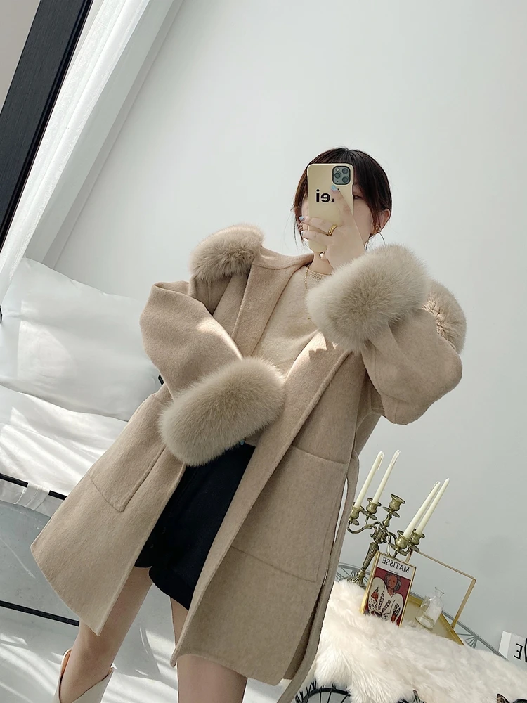 2024 New Oversize Ladies Outerwear Real Fur Coat Winter Jacket Women Natural Fox Fur Collar Cuffs Hood Cashmere Wool Woolen