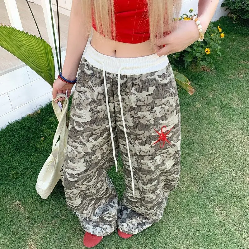 Y2K Camouflage Print Wide Leg Baggy Pants | Contrast Waist Drawstring Streetwear Trousers | Grunge Aesthetic Summer Casual Pants