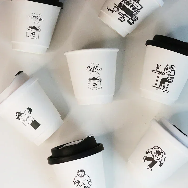 Disposable Coffee Hot Drink Paper Cup Thickened with Lid Takeaway Packaging Plastic Cup Household Leak Proof Packaging Cup