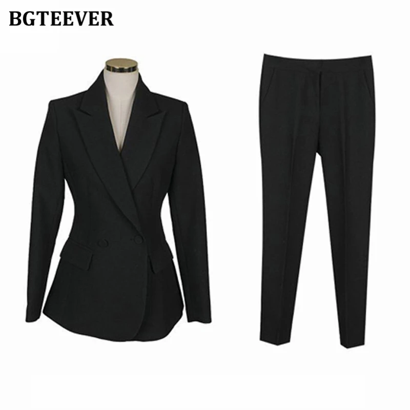 BGTEEVER ฤดูใบไม้ผลิฤดูใบไม้ร่วงผู้หญิงชุดสูท Double Breasted Slim แจ็คเก็ตสุภาพสตรีกางเกงดินสอ Elegant หญิงกางเกงชุด