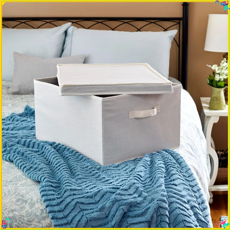 115 Storage Box with Lid and Handle | Natural Beige Canvas | Jumbo 19"L x 10"W x 16"H