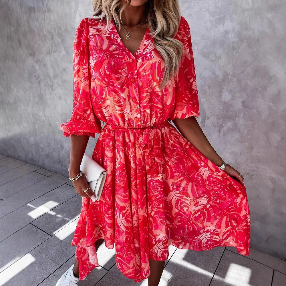 

2025 Spring/Summer New Digital Printed Fashion Waist Collection Single Row Chiffon Dress 8370