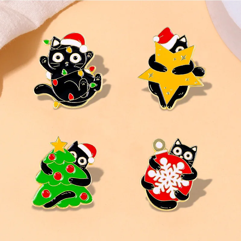 Creative Christmas Brooch Unisex Cute Cartoon Black Cat Christmas Tree Metal Pin Badge Diy for Clothes Bags Hat T-shirt Jeans
