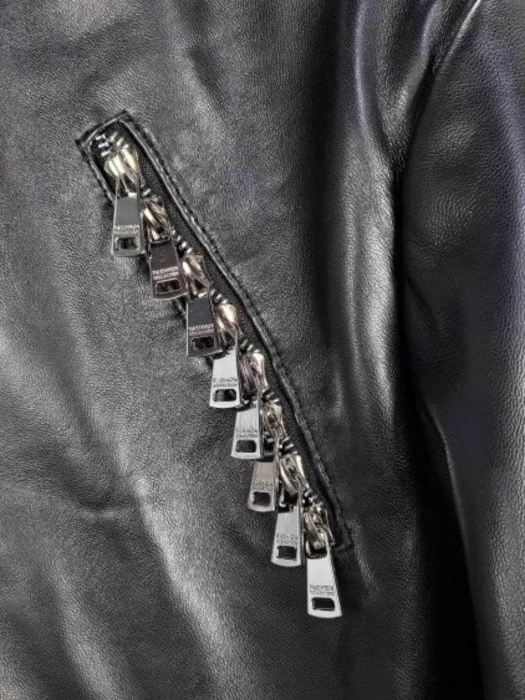 Designer STAND COLLAR ของแท้หนังแจ็คเก็ตผู้หญิงแขนยาวซิปฤดูใบไม้ผลิใหม่เอวสูง Punk สีดํา Moto Bikers สั้น Coat