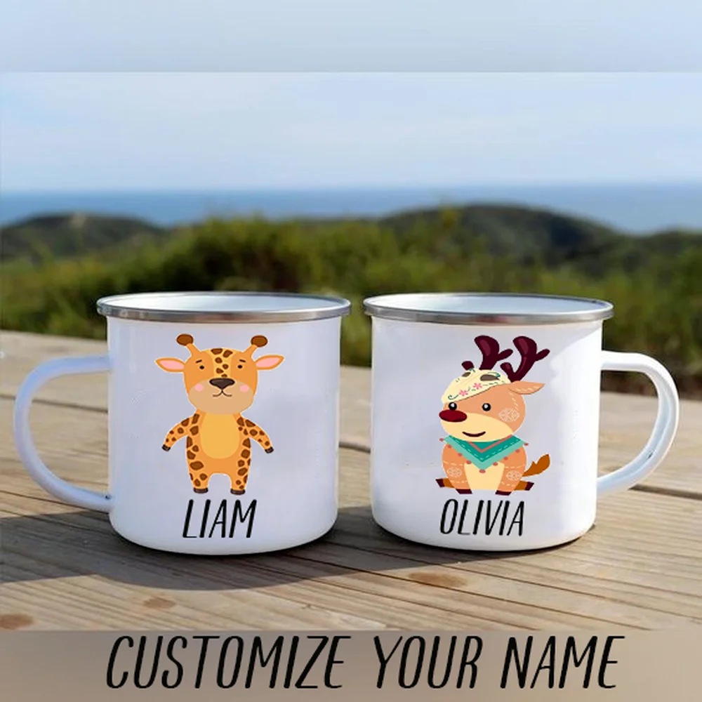 

Personalized Camping Enamel Mug Cartoon Animal Print Cup Coffee Milk Cups Outdoor Custom Name Mug Unique Gifts for Children