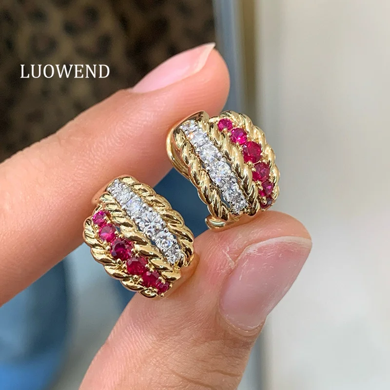 

LUOWEND 100% 18K White+Yellow Gold Earrings Luxury Design Shiny Diamond Natural Ruby Earrings&Ring for Women High Jewelry Set