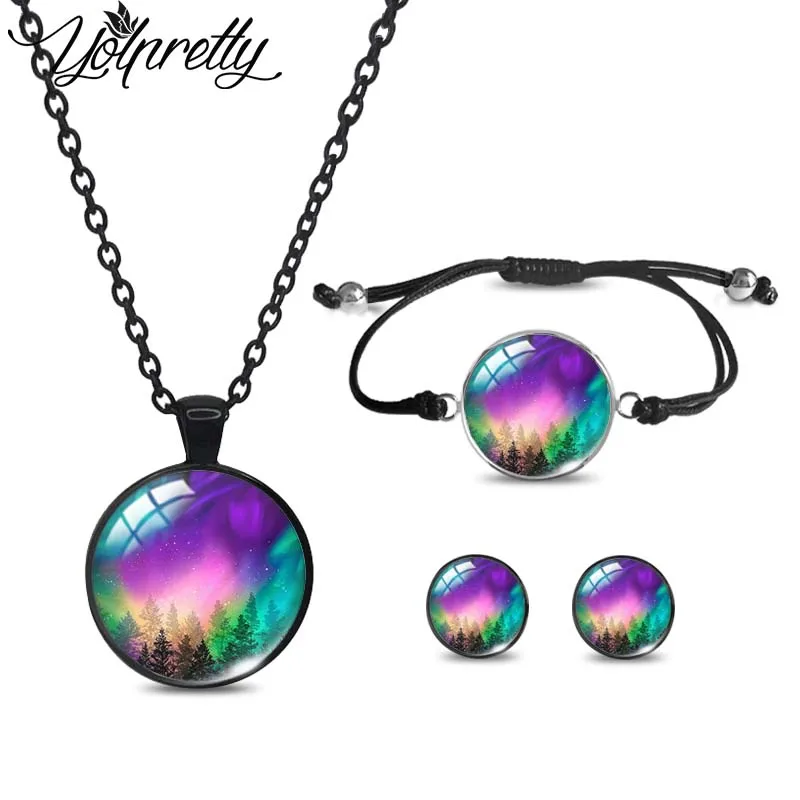 2023 New Arrival Northern Lights Aurora Black Necklace Rope Bracelet Stud Earrings Sets Glass Cabochon Jewelry Sets for Women