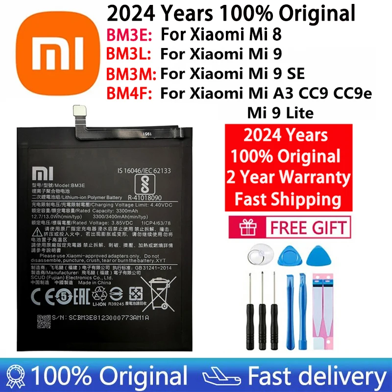 2024 Years 100% Original Battery BM3E BM3L BM3M BM4F For Xiaomi Mi 9 ,Mi 9 Lite A3 CC9 CC9e , Mi 9 SE , Mi 8 , Phone Batteries