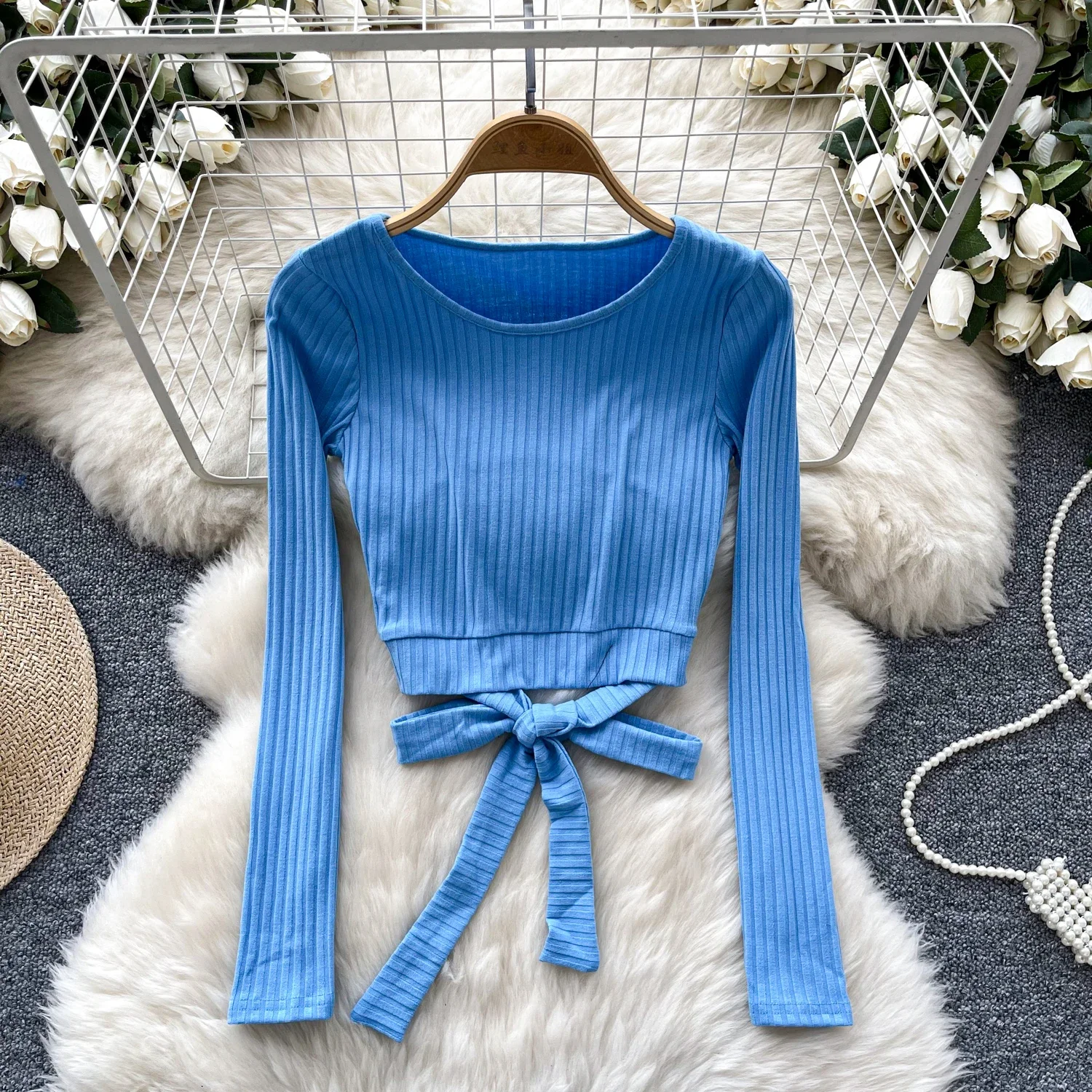 Women Hotsweet O-neck Vintage Long Sleeve Elegant Bandage Slim Sexy Crop Top French Fashion Office Lady High Street Autumn Shirt