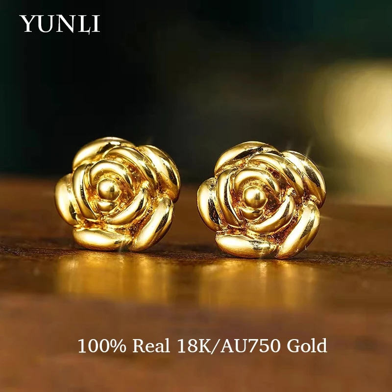 YUNLI Real 18K Gold Rose Stud Earrings Pure AU750 Gold Earring for Women Fine Jewelry Wedding Gift EA018