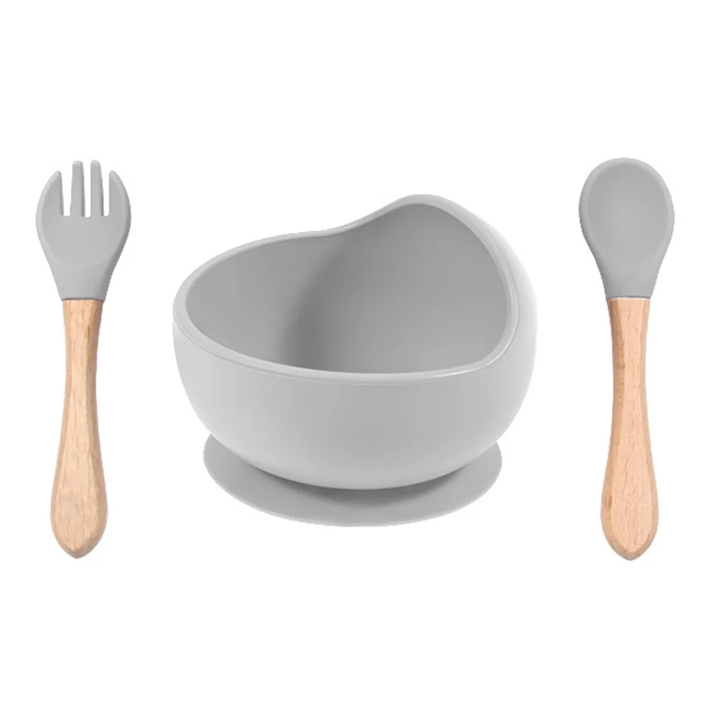 

Anti-Slip Silicone Baby Feeding Bowl Flexible Food Grade Spill-Proof Suction Bowl with Spoon&Fork Solid Color Feeding Bowl Set
