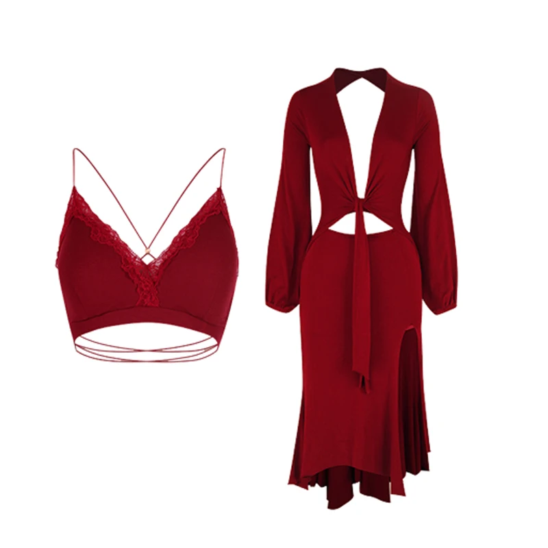 Sukienka do tańca latynoamerykańskiego ZYM z wycięciami, długi rękaw, strój do ćwiczeń dla kobiet, sukienka do rumby, cha-chy, tanga, strój konkursowy DNV24646