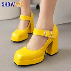 Shiny Yellow Red Pink Patent Leather Mary Janes High Thick Heel Fashion Party Dress Lady Spring Square Toe Autumn Platform Pumps