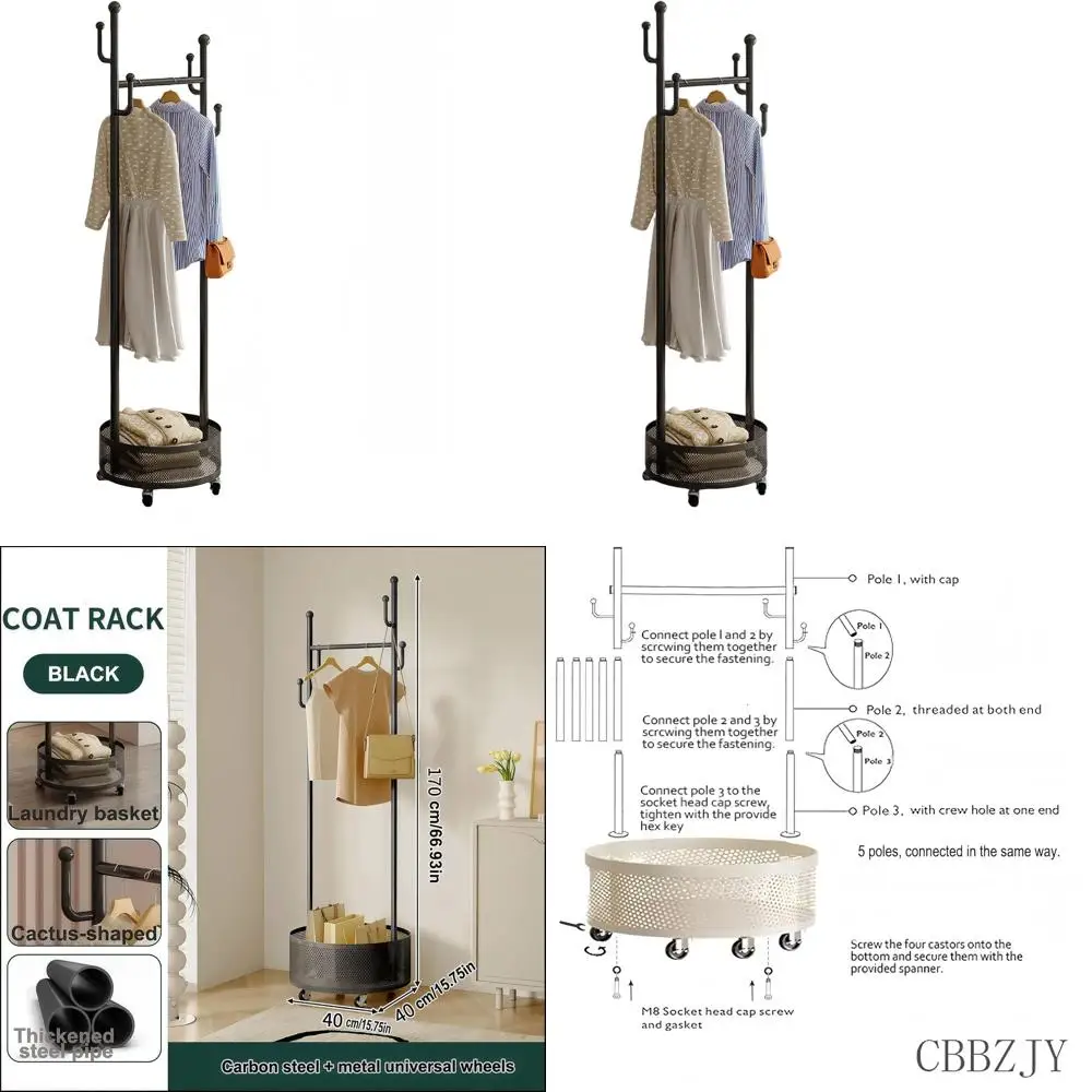 

Double-Sided Metal Coat Rack with Storage Basket and Wheels, 67x15.75, Black