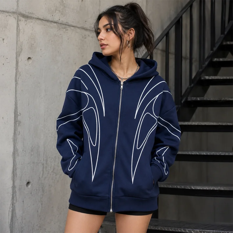 Women Graphic Zip Up Hoodie Oversized Hooded Sweatshirt Line Print Long Sleeve Casual Streetwear Autumn Jacket 2026 Hot New Plus