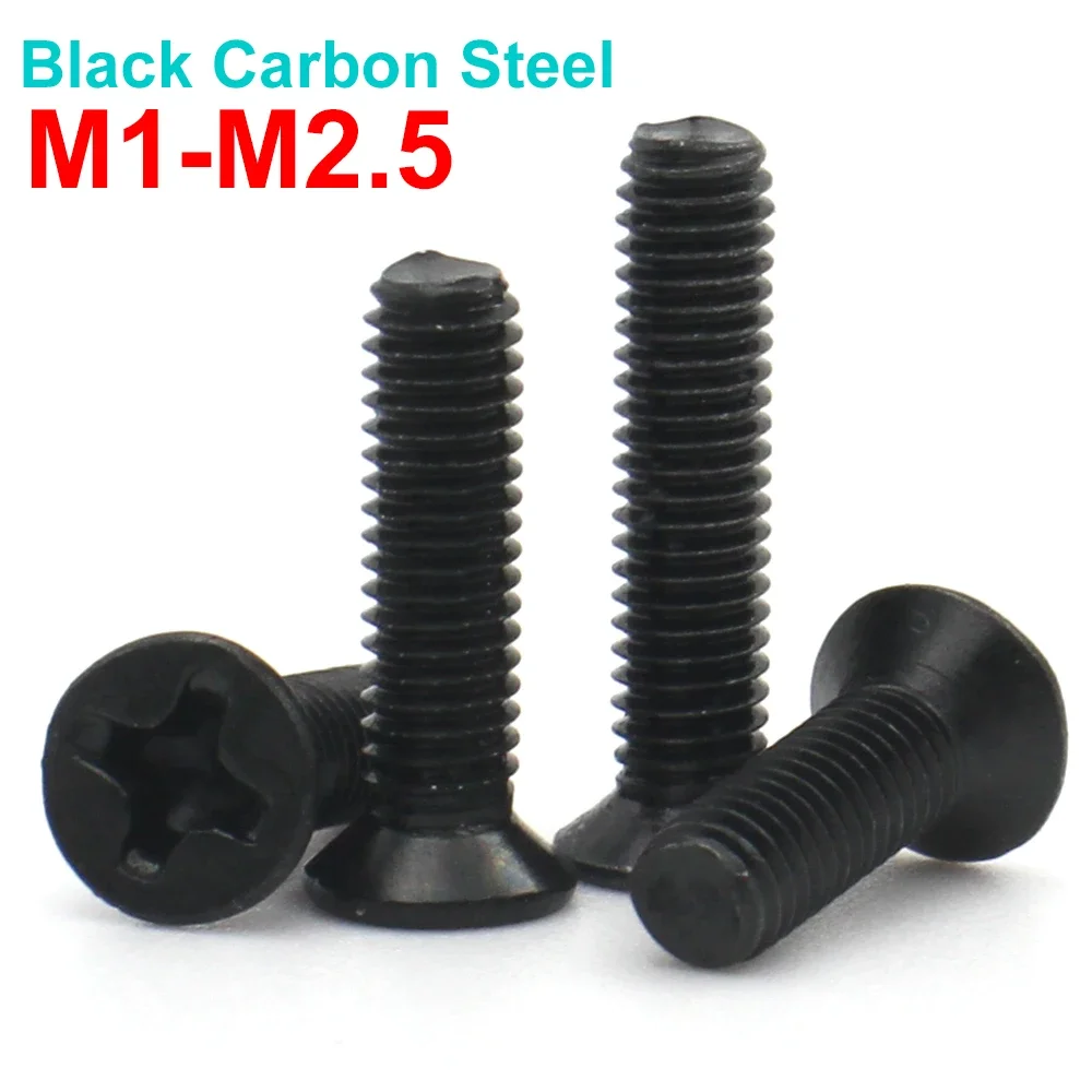 50/100pcs Mini Small Black Steel Screw M1 M1.2 M1.4 M1.6 M1.7 M2 M2.5 Tiny Phillips Flat Countersunk Screw Bolt
