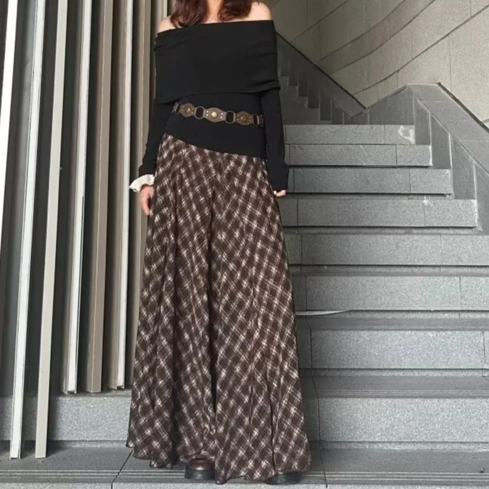 

Autumn Women Side Zipper High Waist Coffee Plaid Tweed Swing A-lined Skirt The Spice Girls Ruched Hem Maxi Long Skirts Femme