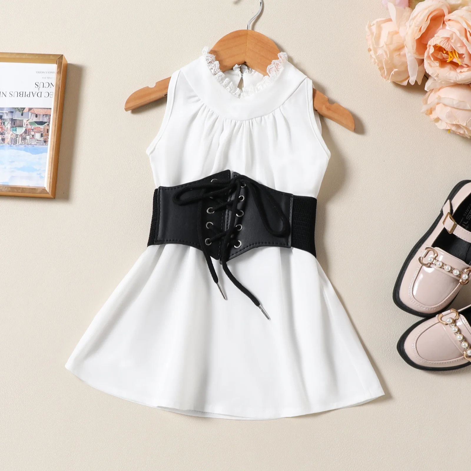 Girls summer new high-neck dress + elastic elastic belt decoration wide waist sealing waist two-piece set