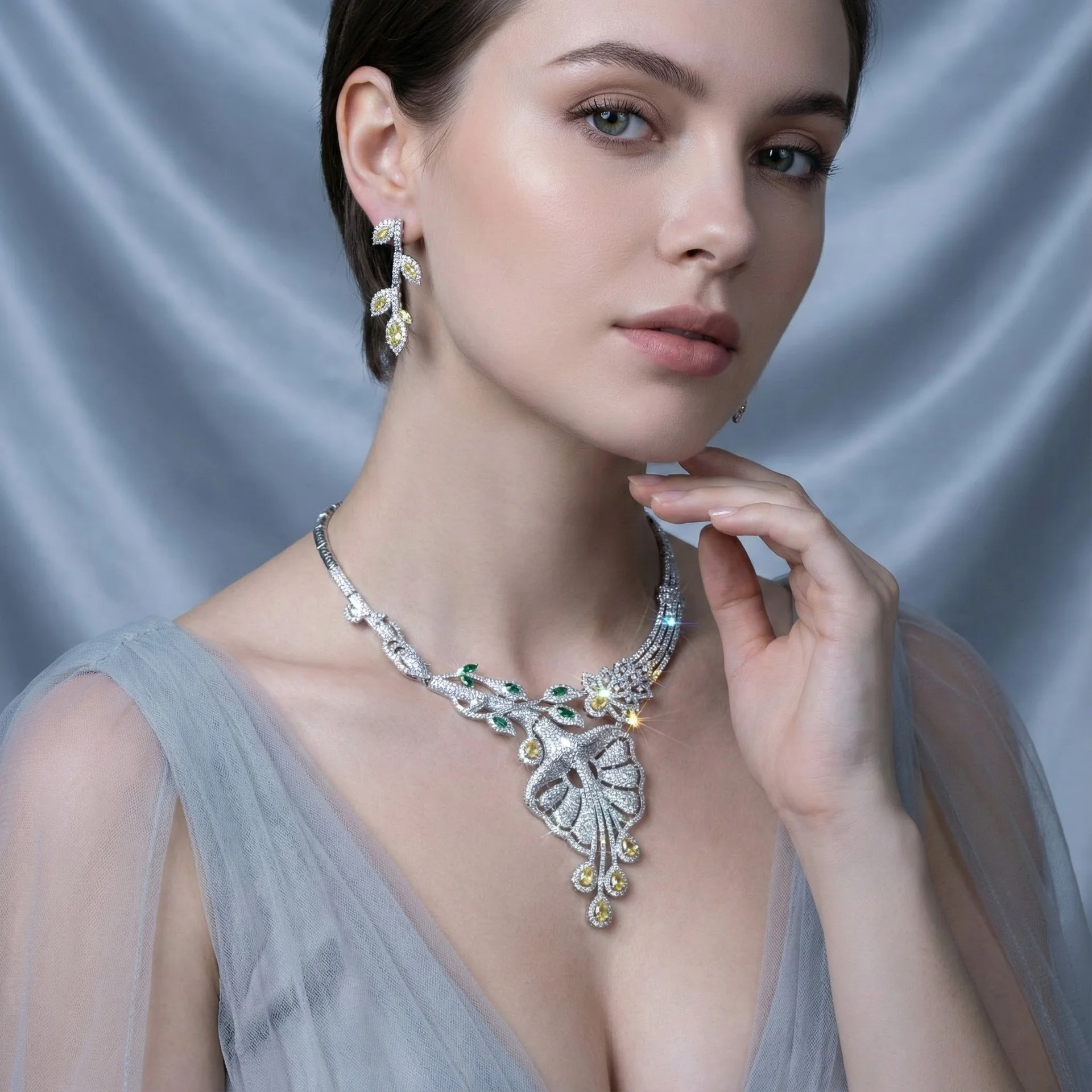 

European Luxury Bridal Jewelry Set, AAA Zircon Micro-inlaid Retro Flower Design, Elegant 2-Piece Necklace & Earrings