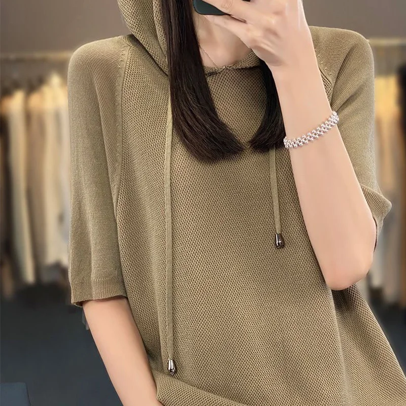 2024 New Summer Elegant Fashion Solid Color Loose Office Lady Hoodie for Women Simplicity Mixed Cotton O Neck Short Sleeve Tops