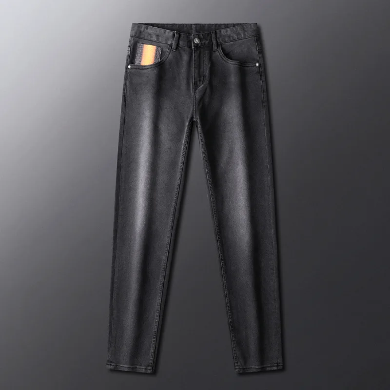 Autumn Winter high-end black gray jeans men's fashion Korean style slim-fitting ankle-tied tight casual all-match fashion pants