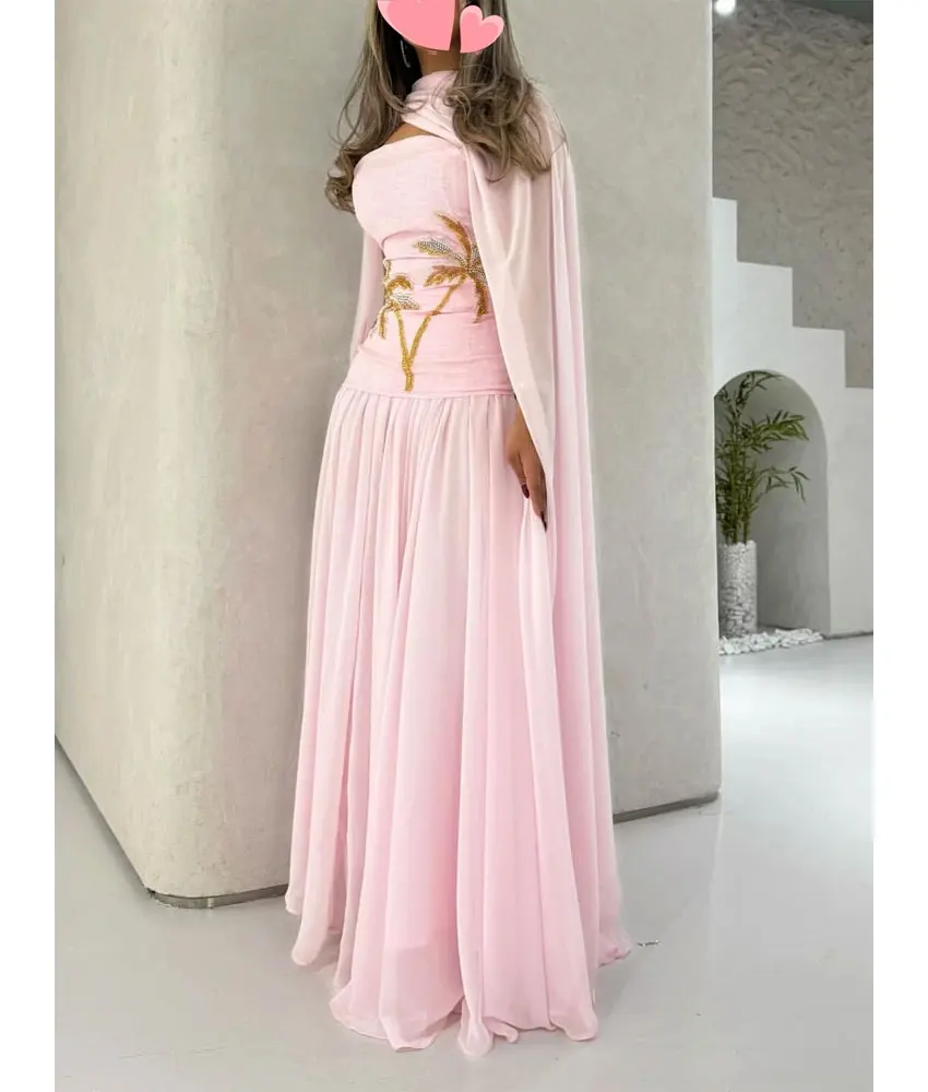 

Customized Fashion Chiffon A-Line Ribbons Sequined Beading Evening Dress High Quality Sleeveless فساتين سهرات