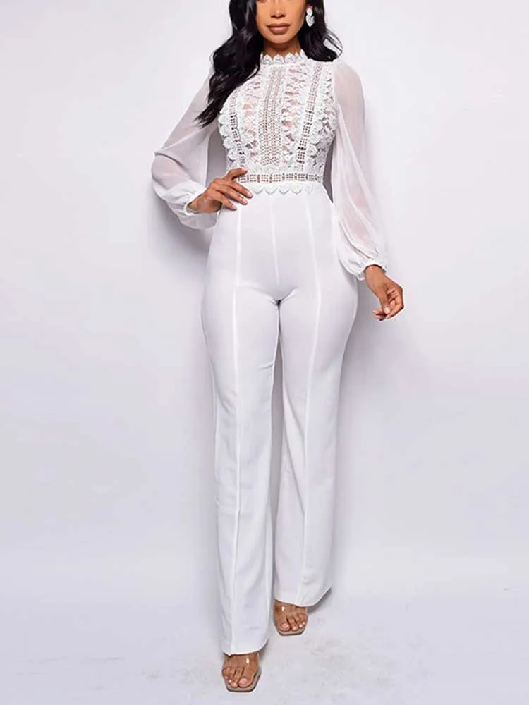 

Женский однотонный комбинезон, элегантный утягивающий длинный комбинезон с высокой талией, сексуальный кружевной ажурный цельный комбинезон, прямые брюки