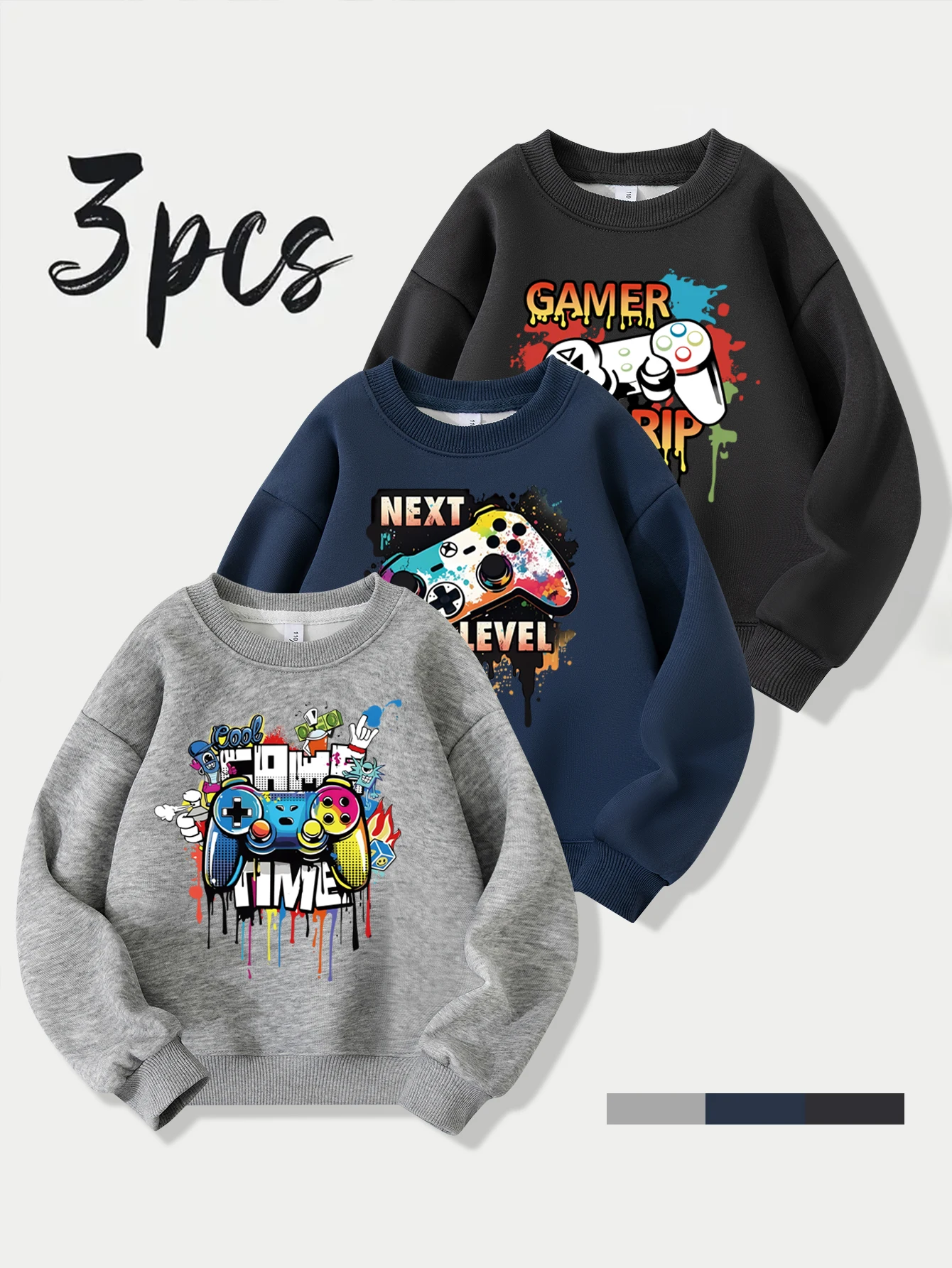 

3pcs boys' fashionable sweatshirt autumn round neck pullover with printed pattern for children's casual wear multi piece outfit