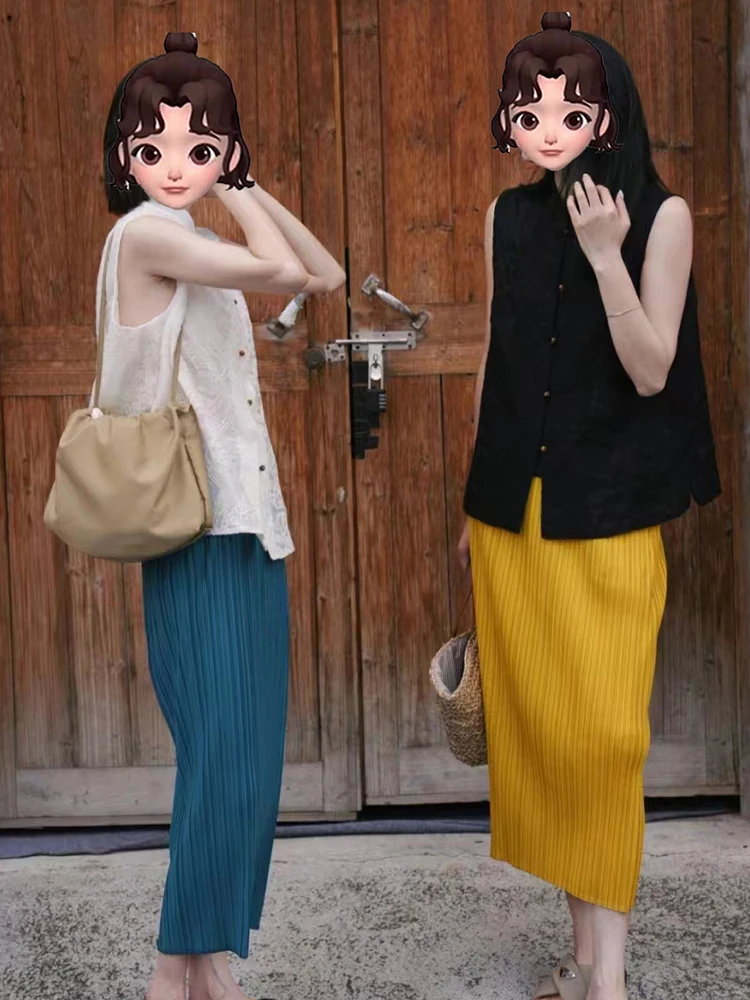 

High Waist Pleated Slimming Casual Fashionable Color Skirt Three Houses Art Creation Polyester Fiber Straight Cut
