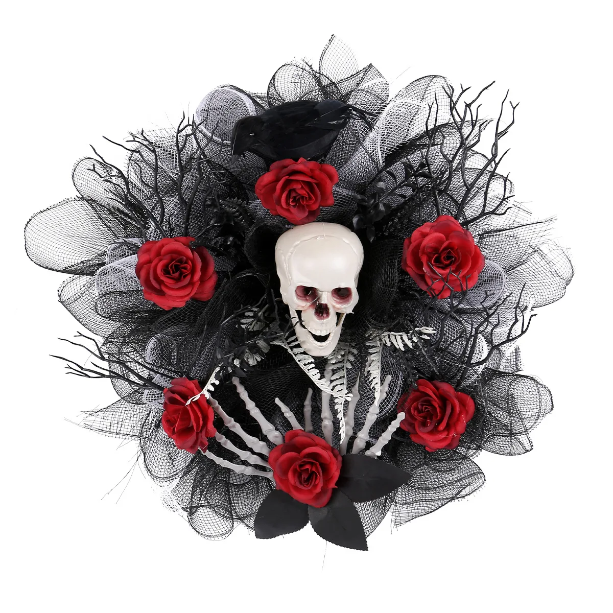 Wholesale  Halloween Decoration Red rose skull net wreath Black New Design wreath for Decoration