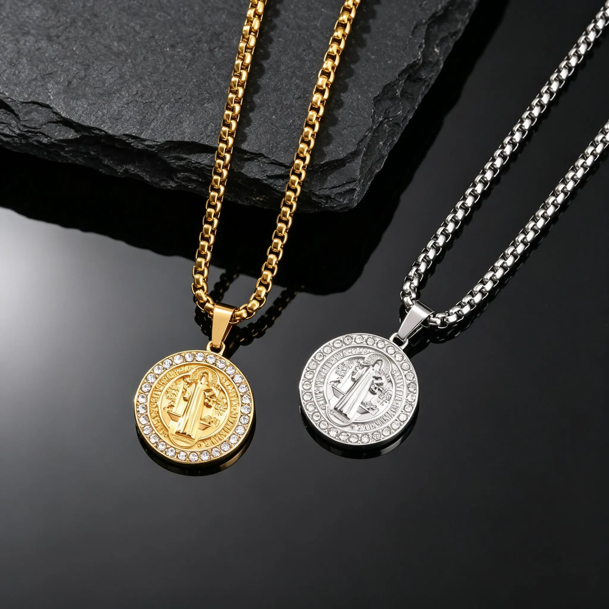 Luxury St. Benedict Medal Necklace for Men,Hip Hop Stainless Steel CZ Saint Benedict Pendant Necklace,Religious Jewelry - view 6