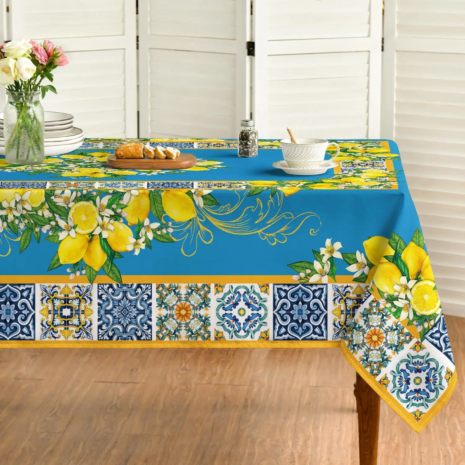 Summer Tablecloth 52 x 70 Inch Rectangular Blue Yellow Lemon | Vintage Pattern Washable Table Cover for Party Picnic Dinner