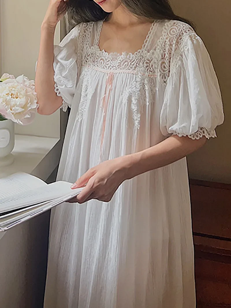 Women French Fairy Nightgowns Vintage Princess Nightdress Lace Mesh Cotton Short Sleeve Loose Victorian Lolita Summer Sleepwear