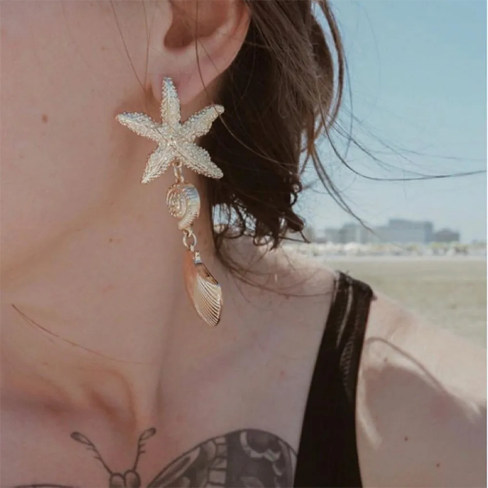 Fashion Ocean Starfish Shell Pendant Earrings For Women Charms Retro Exaggerated Dangle Earrings Party Jewelry Vacation Gift