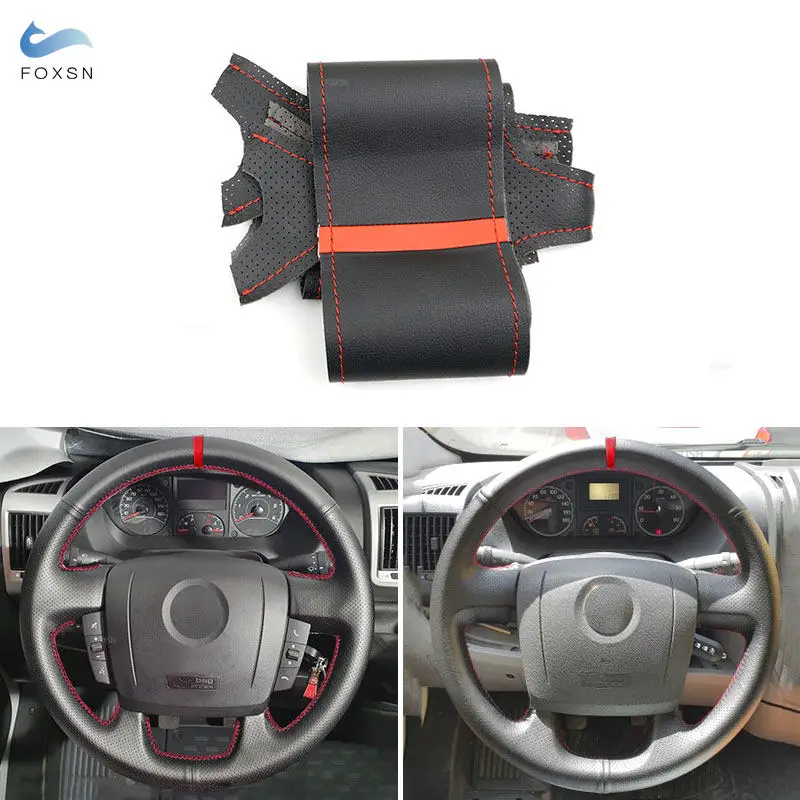 

Perforated Leather Hand Stitched Steering Wheel Cover For Fiat Ducato 2006-2019 Ram ProMaster 2017 2018 2019 2020 Red Strip