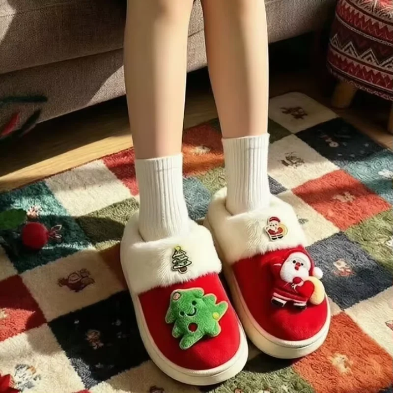 Thick Bottom Fluffy Fur Cartoon Christmas Slippers Women Cute Santa Claus Home Warm Slippers for Couple Comfy Plush Indoor Shoe