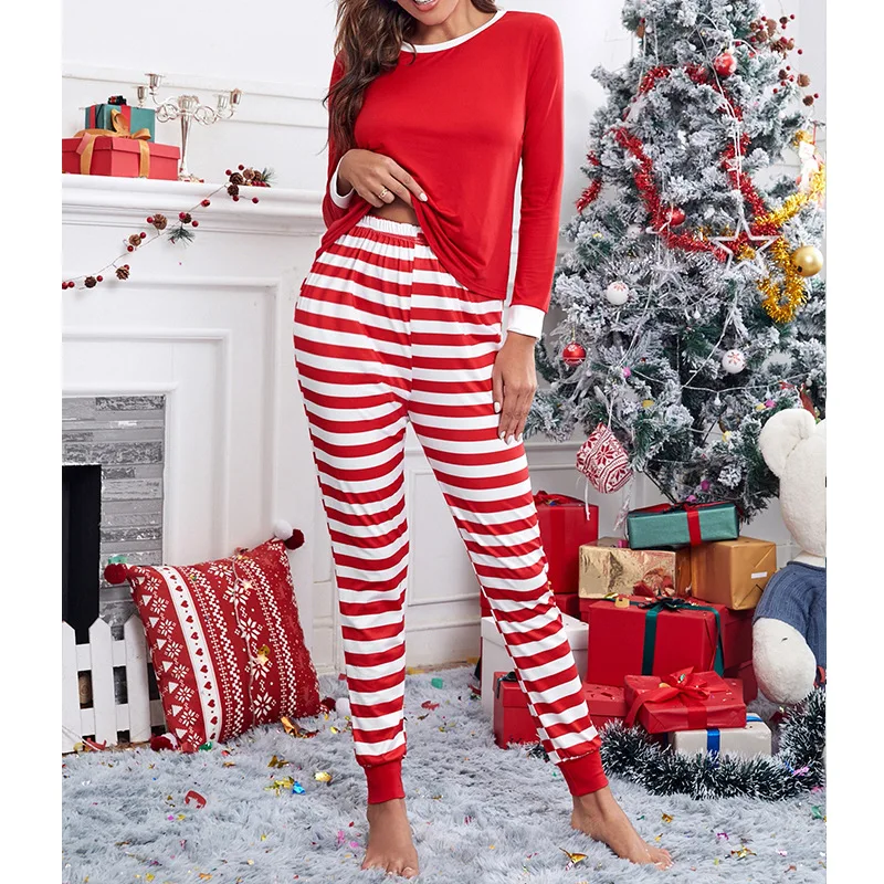 

Женский рождественский пижамный комплект в полоску, топ и брюки с длинными рукавами и круглым вырезом, удобная одежда для сна для тематических вечеринок и мероприятий