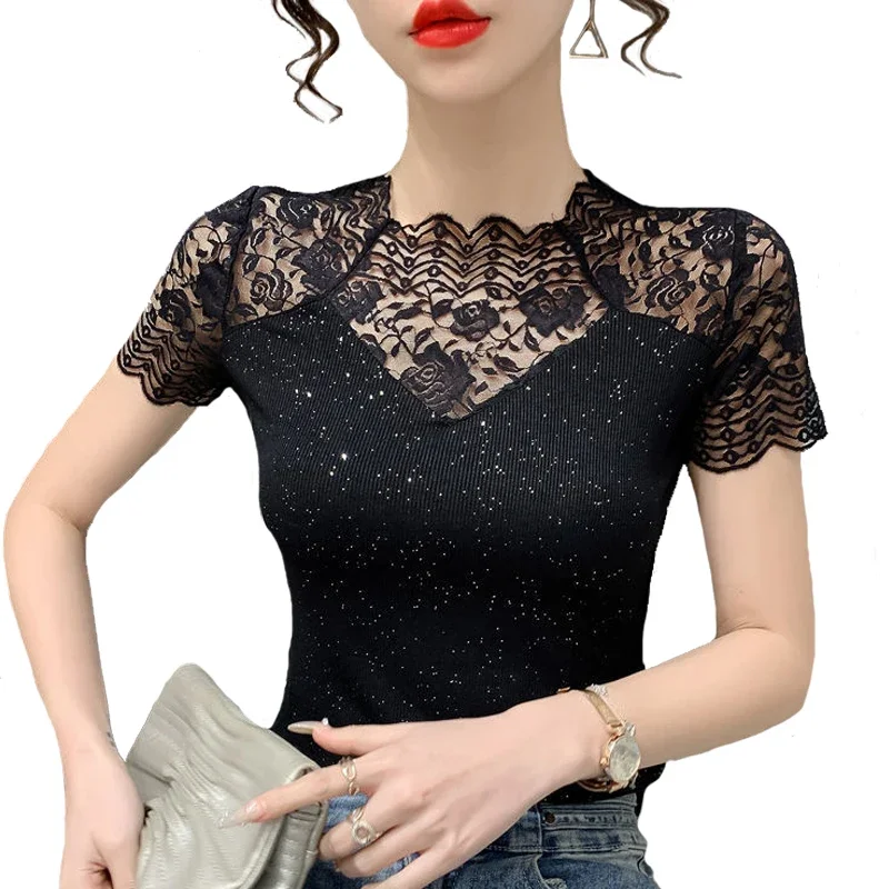 M-4XL Summer Hollow out Black shirt New fashion Sexy Short-sleeved Mesh Lace T shirt Women Casual Bright silk Tops V1050