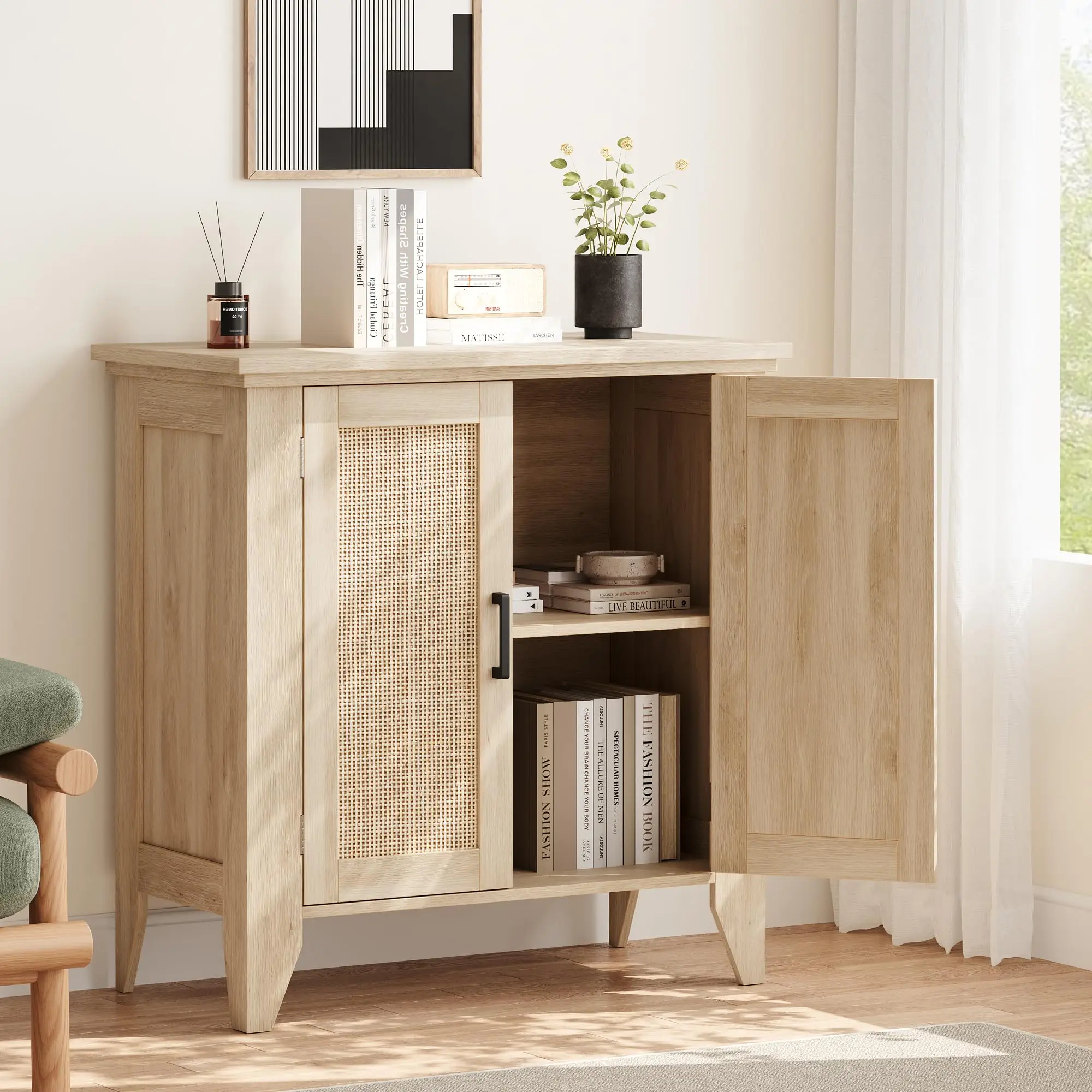 

Rattan Storage Cabinet with Doors and Shelves, Sideboard Entryway Console Cabinet, Wood Furniture with Storage for Kitchen and E