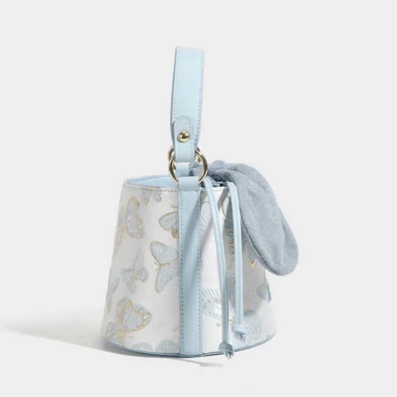 Sweet Lovely Blue Bucket Handbag Women Butterfly Embroidery Cylinder Shoulder Bag Ladies Vintage Versatile Casual Crossbody Bags