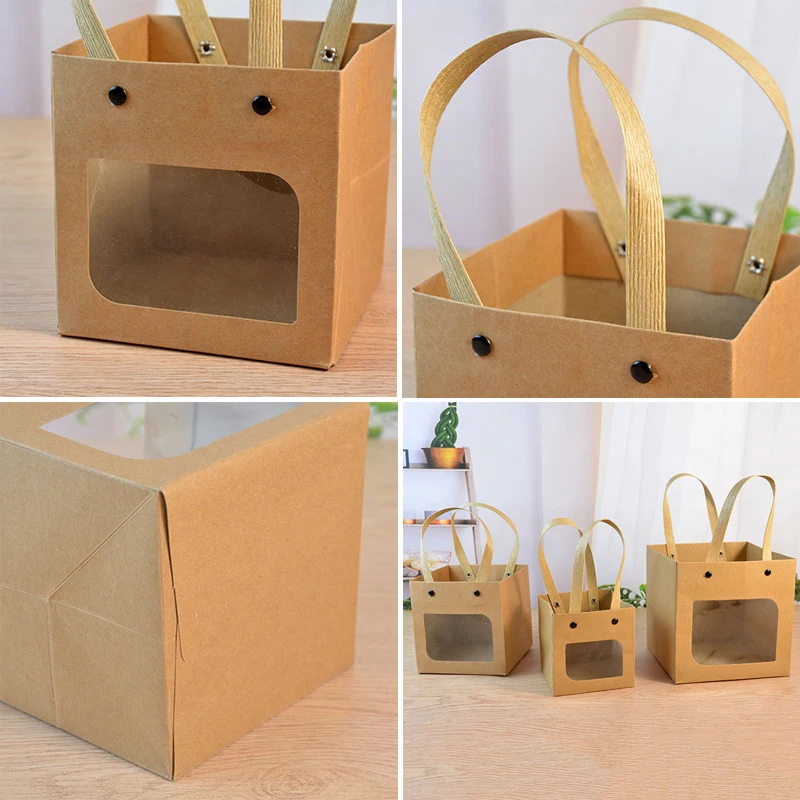 10Pcs Square Smile Gift Bags Kraft Paper Packaging Bags With Window Handle Birthday Party Wedding Gift Souvenirs Bag For Guest - view 4
