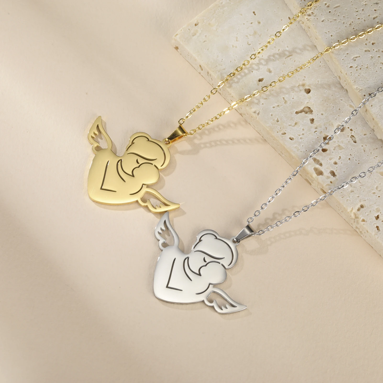 Fishhook Baby Mom Angel Mother Day Gift Necklace for Women Men Dad Family Father Child Kid Jewelry Chain Stainless Steel Pendant